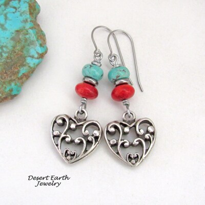 Turquoise Red Coral Pewter Filigree Heart Earrings, Sundance Southwest Style, Valentine Jewelry Gifts for Wife-Mom-Girlfriend - image3